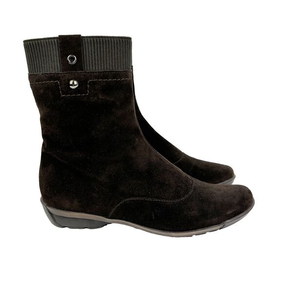 Aquatalia Choco Brown Suede Boots Made in Italy Luxury Bootie Low Wedge Heel 8.5 - Picture 1 of 13